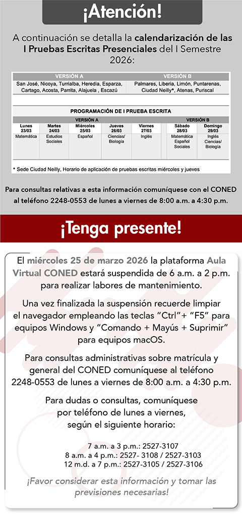 El 25 de marzo 2026 la plataforma AulaVirtual estará suspendida de 6am a 2pm para realizar labores de mantenimiento.
