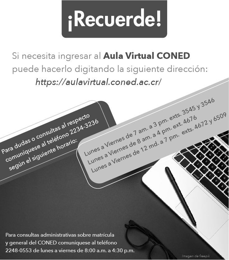 Ingrese a Aula Virtual CONED por medio del enlace: https://aulavirtual.coned.ac.cr
