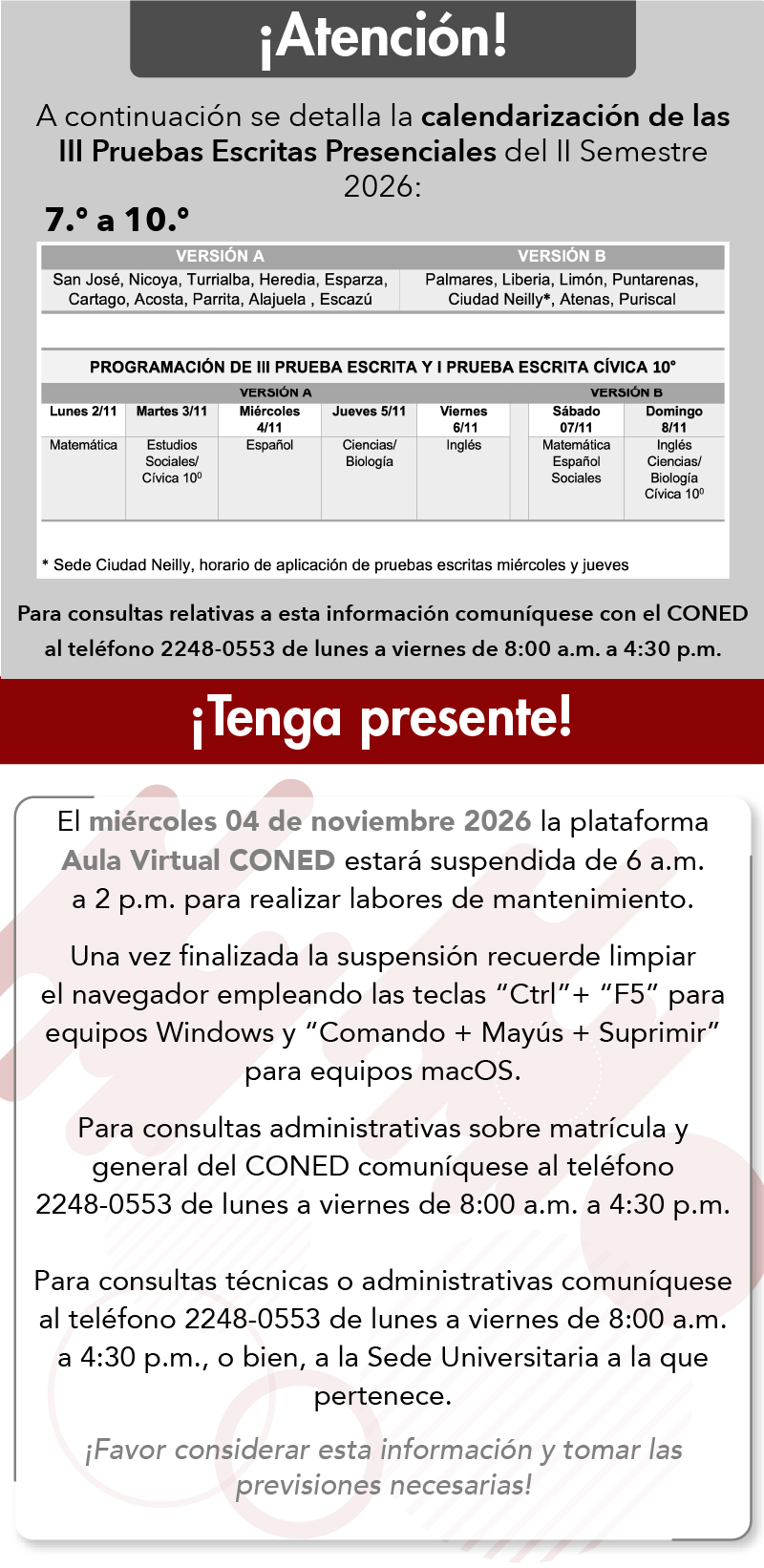 Horario de atención de pruebas y mantenimiento el miércoles 04 de noviembre de 6 a 2pm
